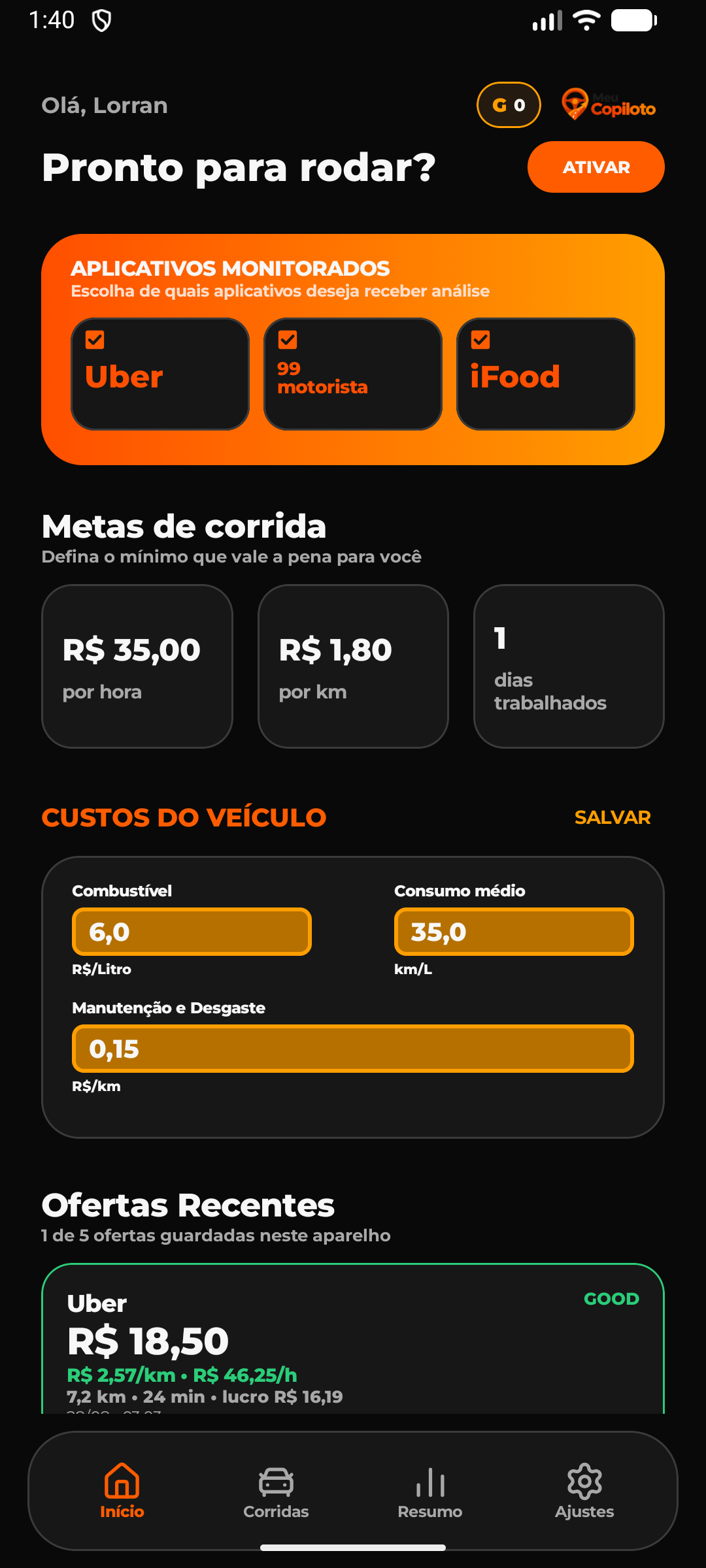 Tela inicial do aplicativo Meu Copiloto